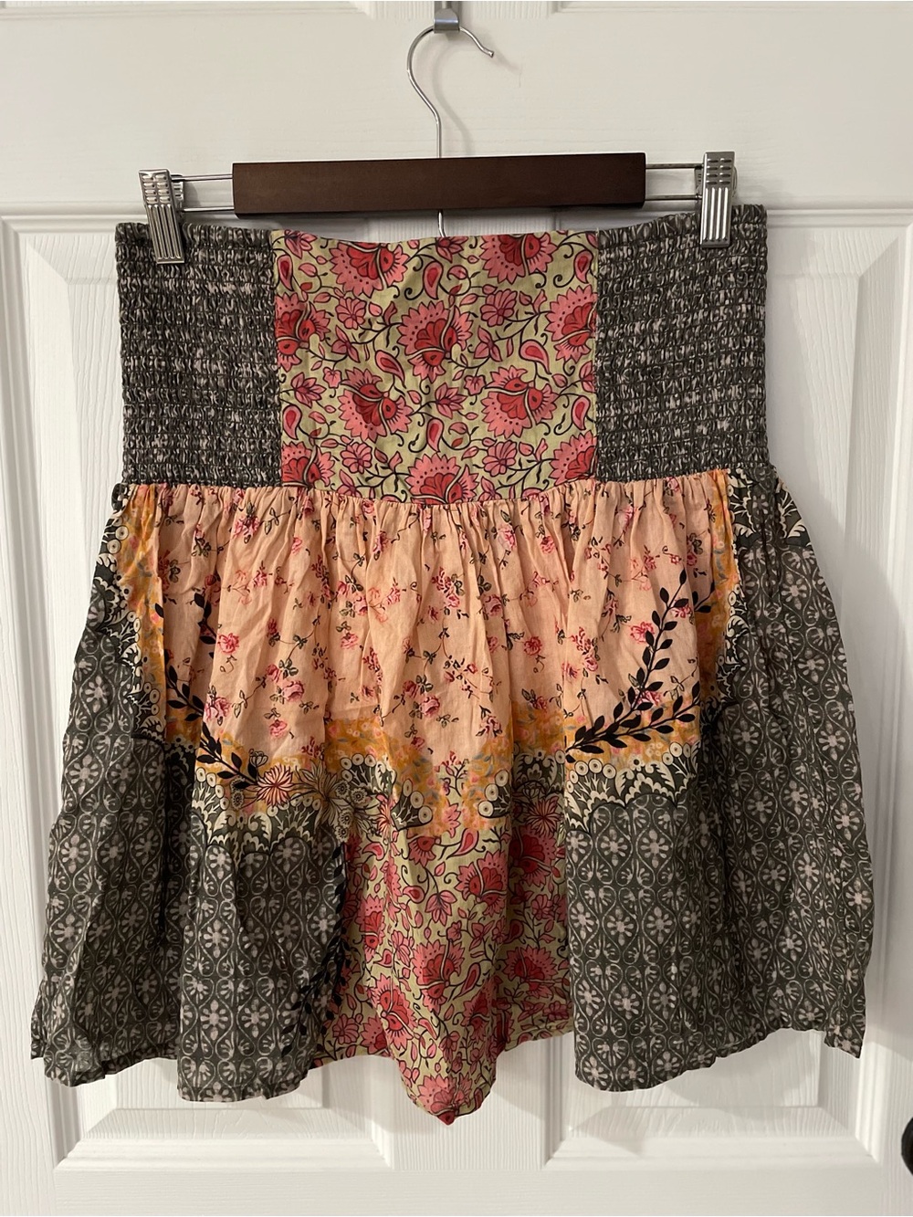 Smocked Boho Babydoll Top Floral Patchwork Convertible Mini Skirt NWOT Natural L